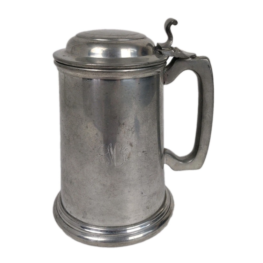 Vintage Sheffield English Pewter Beer Stein Mug Tankard Glass Bottom -Initials